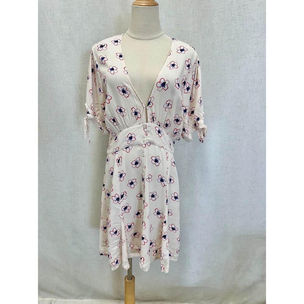 Rue Stiic Mar Mini Dress Floral Poppy Cream Red Blue V-Neck Rayon Womens XL Boho